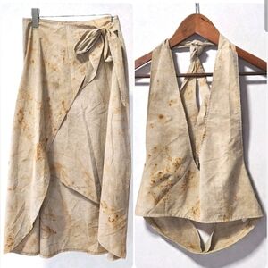 ReDo Rust Dye Wrap Skirt Halter Set Boho Beige Womens S-M Cotton Hippie Festival